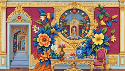 Fototapeta premium Vibrant Floral Wallpaper in a Regal Setting