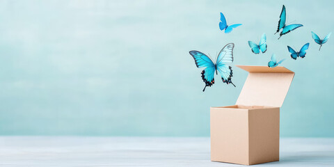 Tropical butterflies fly out of an open gift box. Creative gift impression idea, live butterflies for congratulatory surprise gift