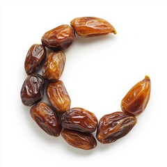 Brown Dates Arranged in Crescent Moon Shape on White Background