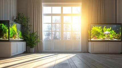 Fototapeta premium A bright and airy living room with a well-placed fish tank positioned diagonally across the door