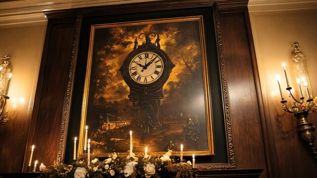 Elegant vintage clock displayed above a beautifully decorated mantelpiece with candles and floral arrangements in a warm setting