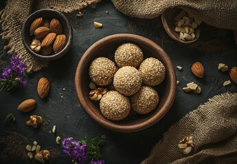 Delicious and Nutritious Energy Balls Made with Sesame Seeds and Nuts on Rustic Dark Surface for Healthy Snack or Dessert Inspiration