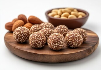 Delicious and Nutritious Energy Bites with Almonds and Seeds on Wooden Plate Surrounded by Healthy Snacks and Natural Ingredients