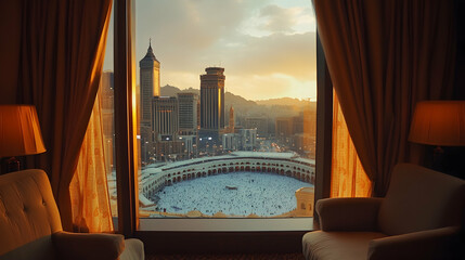 Stunning view of Mecca from a hotel room window, showcasing the spiritual significance