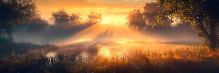 Fototapeta premium Serene Dawn: Capturing Nature's Elegance Through the First Light of Day, Painting a Tranquil Yet Inspiring Scene of Peaceful Coexistence and Earthly Splendor, Reflecting Life's Simple Beauty