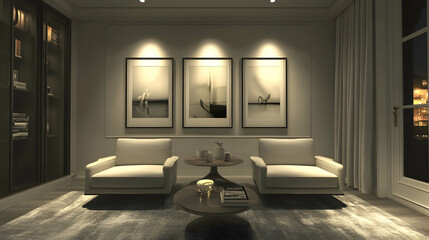 Stylish and modern living room featuring framed artwork, cozy seating, and elegant lighting for a refined aesthetic