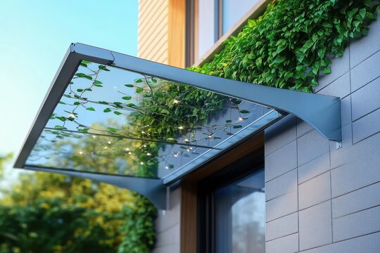 Photorealistic Glass Awning with Steel Support Beams Over Front Door - Powered by Adobe