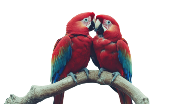 Tropical wildlife macaw parrots in affectionate embrace