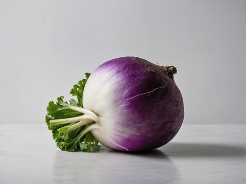 A single, freshly washed turnip is placed on a pure white background.