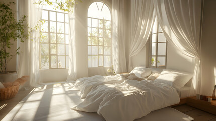 Fototapeta premium Sunlit white bedroom with airy curtains and a cozy bed setup