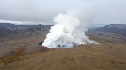 Volcanic eruption, steam plume, crater, mountains, landscape, aerial view, environmental science