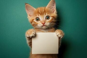 Adorable ginger kitten holds blank sign. Perfect for pet adoption, announcements, or cute designs.