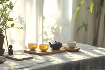 Fototapeta premium Tranquil Tea Ceremony, A Serene Still Life Composition with Teapot, Cups, and Playful Shadow, Evoking a Sense of Calmness and Contemplation