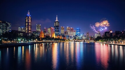 Obraz premium Night in Melbourne: Fireworks over Yarra River