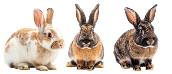 Obraz premium Three adorable rabbits of different breeds sitting together, showcasing their unique fur patterns and colors