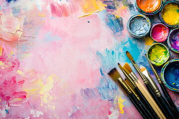 Fototapeta premium Vibrant canvas background with paintbrushes and colorful paint containers showcasing artistic creation and the tools of artistic expression