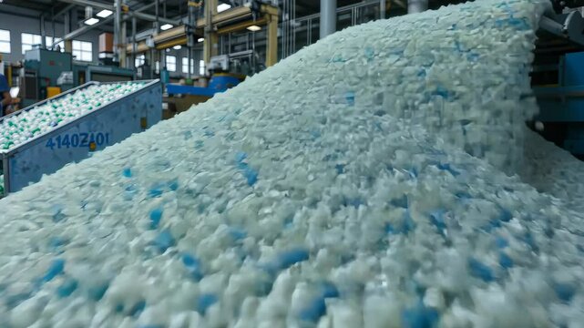 Recycled Plastic Pellets Flowing in a Factory