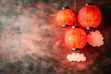 Obraz premium Asian decor Red lanterns hang against a mottled background. Chinese,Japanese festival use