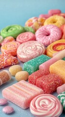 Assorted candies lay flat on a blue background, shot for holiday treats, a blog post, or a brochure