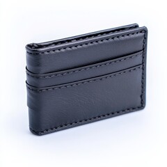 Black leather wallet for carrying money. Background is white. Could be used for a sales ad