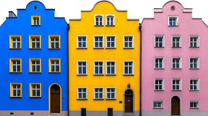 Naklejka premium Colorful Row of Three Distinct Buildings in Blue, Yellow and Pink in an Urban Setting