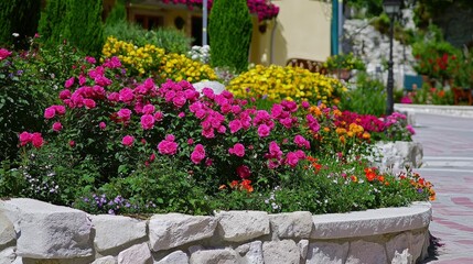 Naklejka premium Blooming flowers in a garden, with decorative rocks, next to a building, ideal for promoting tourism