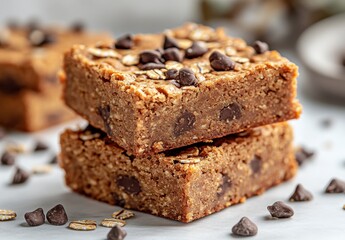 Delicious homemade chocolate chip oat bars stacked on a table, sprinkled with chocolate chips and oats, perfect for dessert or snack time