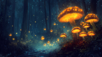 Obraz premium Glowing mushrooms, fireflies, night forest, fantasy, art. Bioluminescent Forest Spirits. Illustration