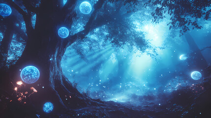 mystical deep bioluminescent forest