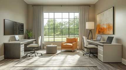 Fototapeta premium Bright home office with two desks, computers, and a view of the park, for remote work setup