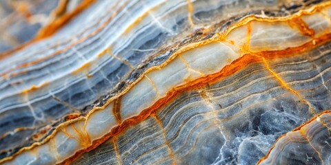Fototapeta premium Macro Photography: Polished Gray & White Stone with Orange Veins - Natural Geological Texture