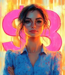 Confident Businesswoman in Blue Dress Standing by Large Pink Euro Symbol Illustration