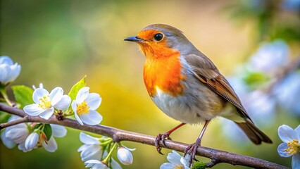Fototapeta premium Macro Photography: Robin Perched on a Tree Branch, Detailed Feathers, Spring Nature