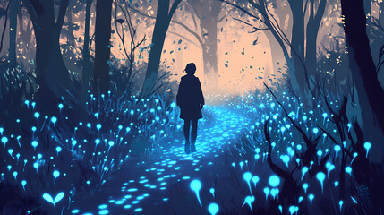 Fototapeta premium Person walks misty forest path, glowing plants, fantasy. Bioluminescent Forest Spirits. Illustration