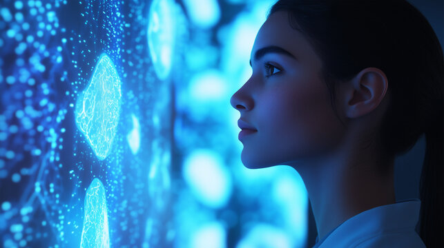 Female doctor analysing 3D health data. Medical machine learning virtual reality Big data AI augmented concept. Young female scientist analysing 3D medical data. AI therapy health care hologram board.