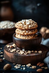 Delicious Oatmeal Cookies Stacked in a Rustic Wooden Bowl Surrounded by Almonds and Loose Oats on a Dark Background with Cozy Home Vibes