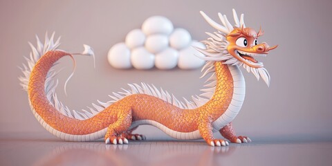 Obraz premium Cartoon Dragon, Clouds Background, Digital Art, Decorative