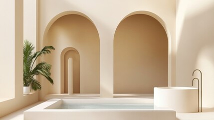 Serene Minimalist Bathroom Design: Beige Tones and Architectural Arches