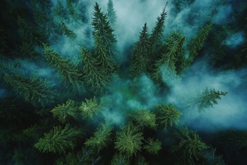 Aerial View of Misty Evergreen Forest Lush Green Coniferous Trees Nature Scenery Tranquil Peaceful Serene Atmosphere Beautiful Dramatic Moody Woodland