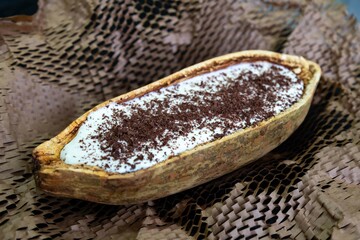 Traditional cupuaçu cream, cupuaçu mousse served in the fruit shell with grated chocolate