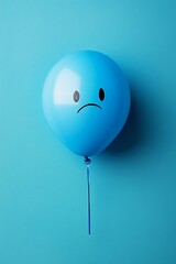 A single blue balloon with a sad face floats against a vibrant blue background.  A simple yet poignant image.