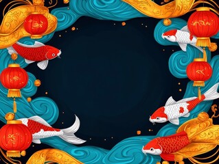 Chinese New Year koi fishes swimming around red lanterns with blue waves for holiday background