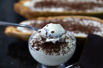 Traditional cupuaçu cream, cupuaçu mousse served in the fruit shell with grated chocolate