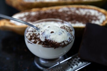 Traditional cupuaçu cream, cupuaçu mousse served in the fruit shell with grated chocolate