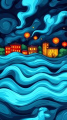 Coastal town glows under lanterns at night for festival celebrations and wallpapers