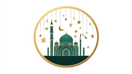 Decorative mosque illustration in a golden circle, featuring stars and crescent moons.