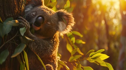 Obraz premium Cute koala bear sleeping in a eucalyptus tree peacefully