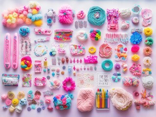 Colorful crafting items are organized on a white surface, ready for creation. Flat lay view
