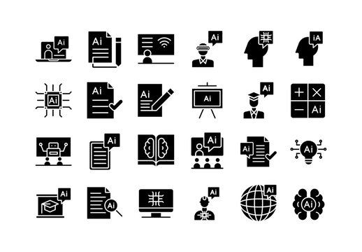 Black And White Artificial Intelligence Education Icons Set