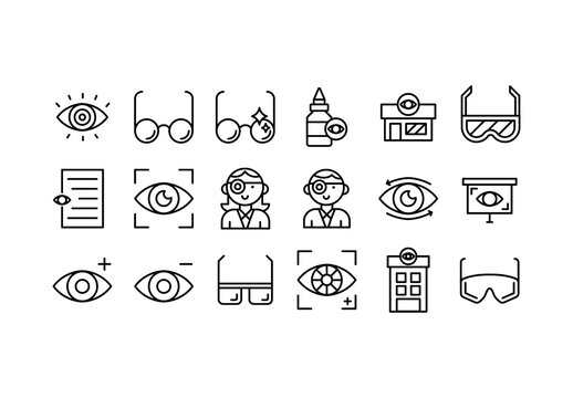 Black and White Eye Doctor Icons Minimalist Style. AI Optometry Icons Set